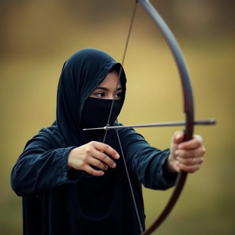 Smooth gradient transition, blurred bokeh effect. Sharp subject focus, soft background, seamless color blending. Woman in niqab using a bow